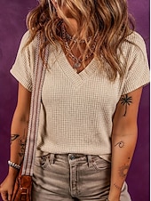 cheap Plain tee-Women's Waffle T-shirt Tee Top Solid Color Elegant Fashion Stylish Short Sleeve Batwing Sleeve V Neck Regular Tops Casual Going out Black White Pink Green Apricot Summer Spring
