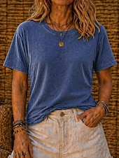abordables Camiseta lisa-Camiseta softfade™ para mujer, 100% algodón, estilo vintage, con efecto desgastado, manga corta, cuello redondo, estilo casual, ideal para el día a día en la playa. Colores: rosa, rojo, azul, verde hierba, negro, naranja, verano y primavera.