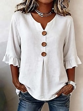 preiswerte Wesentliche Falsche Hemden-Damen Bluse Rüsche Knöpfe Einfarbig Stilvoll Basic Lässig Dreiviertelarm V Ausschnitt Normale Oberteile Täglich Blau Weiß Marineblau Grün Sommer Frühling Herbst