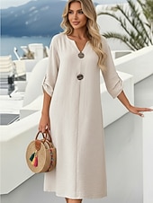 cheap Dresses-Women's Midi Dress Cotton Linen Dress Fashion Modern Daily Outdoor Vacation Loose Fit Plain Long Sleeve V Neck White Pink Green Light Blue Spring Fall