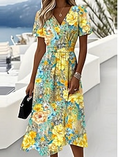 Χαμηλού Κόστους Casual Floral Φορέματα-Γυναικεία Μίντι φόρεμα Φόρεμα ριχτό Διακοπές Καθημερινό Μπόχο Καθημερινά Καλοκαιρινό φόρεμα Ανοιξιάτικο φόρεμα Κανονικό Φλοράλ Γραφική Κοντομάνικο Στρογγυλή Ψηλή Λαιμόκοψη Λαιμόκοψη V