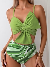 abordables Conjuntos de bikini-Mujer Bañadores Bikini 2 piezas Alta cintura Traje de baño Frunce Vacaciones Ropa de playa Graphic Escote en Pico Sin Mangas Trajes de baño