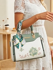 Χαμηλού Κόστους Τσάντακι &amp; Totes-Γυναικεία τσάντα χειρός με κέντημα και λουλούδι, με διακοσμητικό κασκόλ, από συνθετικό δέρμα, σε πολλά χρώματα, κομψό, casual στυλ, ιδανική για καθημερινή χρήση, γραφείο και κοινωνικές συγκεντρώσεις.