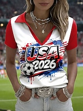  Women's T Shirt Color Block Print Graphic Stylish Classic Casual Short Sleeve Polo Collar Regular Tops Casual Daily Sports Blue Black Red Summer Spring