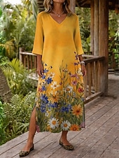 preiswerte Blumenkleider-Damen Maxikleid Boho-Kleid Shiftkleid Sommerkleid Strandkleid Bohemien Urlaub Ethnisch Strand Ferien Date Normale Passform Blumen Grafik Abstrakt Dreiviertelarm V Ausschnitt Gelb Sommer Frühling