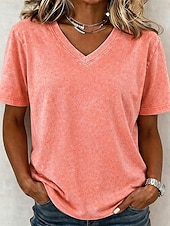  T-shirt femme en coton délavé à l'acide, style vintage, manches courtes, col V, coupe classique, décontracté, idéal pour le quotidien et les sorties, bleu violet / bleu noir violet orange été