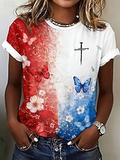 cheap Independence Day Top-American Independence Day Women's T Shirt Color Block Print Graphic American Flag Fashion Stylish Classic Short Sleeve Crew Neck Regular Tops Casual Daily Blue White Red Summer Spring