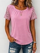 cheap Lace Tops-Women's Shirt Blouse Lace Tops Lace Plain Stylish Classic Modern Short Sleeve Crew Neck Regular Tops Daily Holiday Going out Blue Black White Pink Red Summer Spring