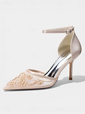 baratos Convidado do casamento-Sapatos de salto agulha bordados em azul marinho para mulheres – elegantes sapatos de festa com tira no tornozelo.