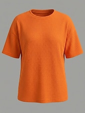 Недорогие Простая футболка-Жен. Вафельная рубашка Футболка Футболки Топы в вафельном вязании Сплошной цвет Классика Современное На каждый день С короткими рукавами Вырез под горло Обычные топы Повседневные Праздники На выход