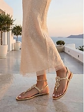 cheap Flat Sandals-Women's Gold Crystal Flat Sandals, Open Toe T-Strap Evening Dress Shoes for Resort Dinner, Vacation &amp; Summer Evening Events