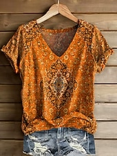preiswerte Boho-T-Shirt-Damen T Shirt Druck Blumen Grafik Pflanzen Vintage Stilvoll Lässig Kurzarm V Ausschnitt Normale Oberteile Täglich Wochenende Blau Gelb Rosa Wein Rote Sommer Frühling