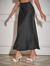 economico Gonne Formali-Per donna Gonne in raso Elegante Moda Maxi Vita Alta Gonne Semplice Coulisse Micro-elastico Feste Data Nero Blu marino Marrone chiaro Marrone Estate