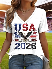  Mulheres Camiseta Imprimir Gráfico Time de futebol à moda Clássico Casual Manga Curta Decote V Tops regulares Diário Azul Preto Branco Vermelho Verde Verão Primavera