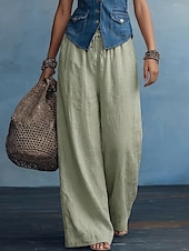 preiswerte Wesentliche Falsche Unterteile-Damen Kunstbaumwollleinen Hose Sommerhose Baggy-Hosen Elegant Urlaub Ethno-Stil Volle Länge Hohe Taille Kordelzug Weites Bein Komfort Unelastisch Täglich Strand Formell Violett Mandelfarben Schwarz