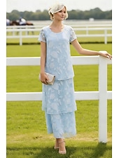preiswerte Knöchellänge-A-Linie Knöchellänge Chiffonkleid Brautmutterkleid Kurzarm Rundhalsausschnitt Rundausschnitt Elegant Vintage Formell Hochzeitsgast Hochzeitsfeier Chiffon Jacquard mit Schleife(n) Blume