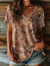 economico T-shirt floreale-Per donna Maglietta Stampato Floreale Grafico Piante Vintage Moda Hawaiano Manica Corta Scollo a V Top Regolari Quotidiano Uscire Weekend Blu Viola chiaro Marrone Verde Estate Primavera
