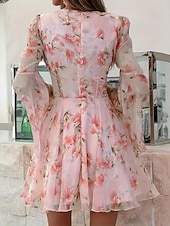 cheap Chiffon Dresses-Women's Mini Dress Chiffon Dress Casual Dress Print Dress Elegant Fashion Modern Outdoor Vacation Going out Regular Fit Floral Long Sleeve V Neck Pink Summer Spring