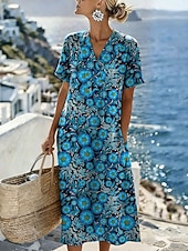 ieftine Rochii florale-Pentru femei Rochii Midi Rochie de schimb Rochie de Vară Vacanță Casual Stiluri de Plajă Potrivire Largă Floral Grafic Manșon scurt În V Albastru piscină Roz Îmbujorat Roșu-aprins Mov Vară Primăvară