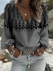 abordables Arte &amp; Diseño Blusas-Mujer Camisa camisa boho Estampado Graphic Cachemir Elegante Bohemia Vacaciones Manga Larga Escote en Pico Tops largos Casual Diario Festivos Azul Piscina Blanco Naranja Gris Verano Primavera