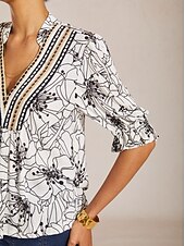 preiswerte Hemden, Tops und Blusen-Spitzenkleid mit Blumenmuster, V-Ausschnitt und Puffärmeln