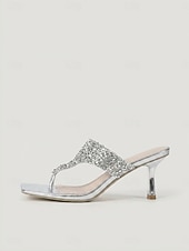 abordables Sandalias de tacón-Women's Silver Rhinestone Thong Heeled Sandals - Sparkling Nightlife Party Dress Shoes
