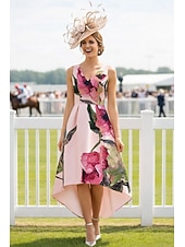  Ligne A Asymétrique Longueur thé Robe de Derby Robe de Mère de Mariée  Sans manches Col en V Élégant ancien Kentucky Derby Satin avec Fleur Imprimé