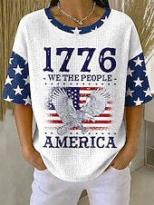baratos Dia da Independência Top-Dia da Independência Americana Mulheres Camiseta Waffle Tops tricotados texturizados Gráfico Bandeira americana à moda Clássico Manga Curta Gola Redonda Tops regulares Casual Diário Azul Vermelho