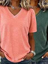  Damskie Podkoszulek Bawełniana koszulka Koszulka Z marszczeniami Równina Zabytkowe Moda Elegancki Krótki rękaw W serek Zwykłe topy Codzienny Wyjściowe Weekend Różowy + pomarańczowy Fioletowy