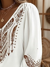baratos Arte &amp; Design Blusas-Mulheres Camisa Social Gráfico Geométrica Estampado Cashemere Boêmia Férias Vintage Manga Longa Decote V Tops regulares Diário Feriado Para Noite Azul Branco Azul Marinha Castanho Claro Roxo Verão