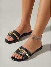 cheap Slide Sandals-Women's Embellished Slide Sandals – Flat Slip-On Beach Sandals with Gemstone &amp; Gold Detail, Boho Chic Resort Style for Summer Island Vacation &amp; Seaside Wear