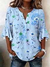 voordelige Bloemen Blouses-Dames Blouse Ruche Afdrukken Bloemig Grafisch Vakantie Dagelijks Retro vintage 3/4 mouw V-hals Normale tops Casual Dagelijks Feestdagen blauw Geel Blozend Roze Paars Zomer Lente