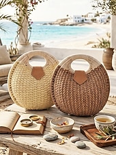 economico Borsette e borse tote-Borsa tote rotonda da donna in paglia, disponibile in diversi colori, ideale per vacanze al mare, viaggi in resort, outfit estivi casual e per un look boho di tutti i giorni.