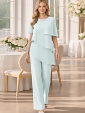voordelige Broekpakken van mama-Tweedelig Broek Tot de grond Moeder van de bruid jurk Korte mouw Met sieraad Elegant Grote maten Bruiloft gast Chiffon met Gelaagde ruches