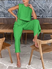 Недорогие Наборы-Women's Cotton Linen Sets Two Piece Sets Camis Sleeveless Crew Neck Plain Vacation Fashion Streetwear Casual Daily Outdoor Orange Brown Green Summer Regular Fit