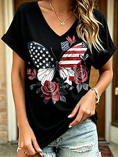  American Independence Day Women's T Shirt Print Graphic American Flag Vintage Stylish Casual Short Sleeve V Neck Regular Tops Casual Daily Weekend Blue Black White Purple Summer Spring