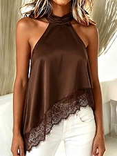  Pentru femei Maiou din satin Tricou Tee Top Dantelă Peteci Simplu Elegant Modă Stilat Fără manșon Gâtul halter Topuri obișnuite Casual Zilnic Ieșire Negru Roșu Vin Maro Bej Vară Primăvară