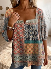 billige Kunst og Design Bluser-Dame Bluse Trykt mønster Grafisk Geometrisk Årgang Daglig Stilfull Halvlange ermer Firkantet hals Vanlige topper Avslappet Daglig Blå Gul Rød Oransje Sommer Vår