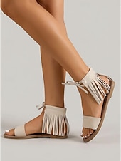 cheap Flat Sandals-Women's Khaki Fringe Sandals – Boho Ankle Tie Flat Sandals for Music Festival &amp; Summer Vacation Wear
