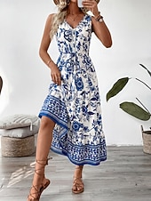 voordelige Bloemenjurken-Dames Maxi-jurk A lijn jurk Slipdress Vakantie Casual Buiten Uitgaan Standaard pasvorm Bloemig Mouwloos V-hals blauw Zomer Lente
