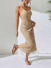 abordables Robes fleuries décontractées-Femmes Robe maxi Robe Tricot Romantique Classique Quotidien Plage Vacances Mince Géométrique Sans manches Col ras du cou Col en V Brun roux Noir Blanche Kaki Été