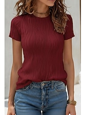 baratos Camiseta lisa-Mulheres Camiseta Textura T-shirt Jacquard Frufru Côr Sólida Elegante Moda à moda Manga Curta Gola Redonda Tops regulares Diário Para Noite Final de semana Preto Branco Vinho Verde Verão Primavera