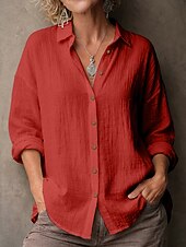 お買い得  エッセンシャルフェイクシャツ-女性用 シャツ ブラウス フェイクリネンシャツ 純色 ベーシック カジュアル 長袖 ラペル レギュラートップス カジュアル 日常 ブルー ブラック ホワイト イエロー ピンク 夏 春