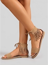cheap Flat Sandals-Women's Khaki Fringe Sandals – Boho Ankle Tie Flat Sandals for Music Festival &amp; Summer Vacation Wear