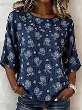 cheap Plain Blouses-Women's Blouse Print Floral Graphic Plants Bohemia Tropical Stylish 3/4 Length Sleeve Half Sleeve Crew Neck Regular Tops Daily Vacation Wear Blue White Green Summer Spring