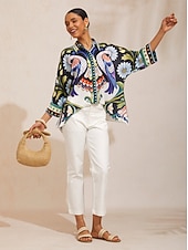 preiswerte Blusen-Bluse aus seidigem Satin mit Vogel- und Blumenmuster und Dolmanärmeln