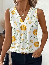 billige Grafisk tank-Dame Singleter Blomstret Grafisk Elegant Årgang Mote Ermeløs V-hals Vanlige topper Avslappet Daglig Blå Gul Rosa Sommer Vår