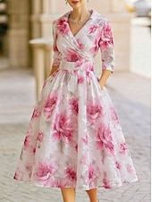 cheap Tea Length-A-Line Tea Length Party Dress Cocktail Dress Wedding Guest Dress Mother of the Bride Dress 3/4 Length Sleeve V Neck Shirt Collar Elegant Vintage Formal Organza Jacquard with Floral Print