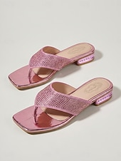 Χαμηλού Κόστους Σανδάλια Slide-Γυναικεία ροζ φλατ σανδάλια με στρας, βραδινές παντόφλες με ανοιχτή μύτη για δείπνο σε θέρετρο, διακοπές &amp;καλοκαιρινές εκδηλώσεις για πάρτι