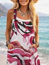 cheap Art&amp;Design Jumpsuit-Women's Overall Active Color Block Sleeveless Sleeveless Square Neck Pocket Print Daily Vacation Loose Fit Red Summer